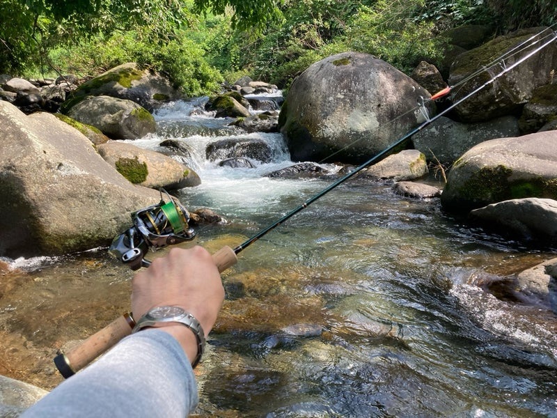 渓流でファインテールを握るSHひろあき