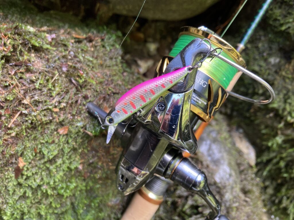 アマゴがヒットしたダイワ シルバークリークミノー48sダートカスタム(ピンクヤマメチャートベリー)