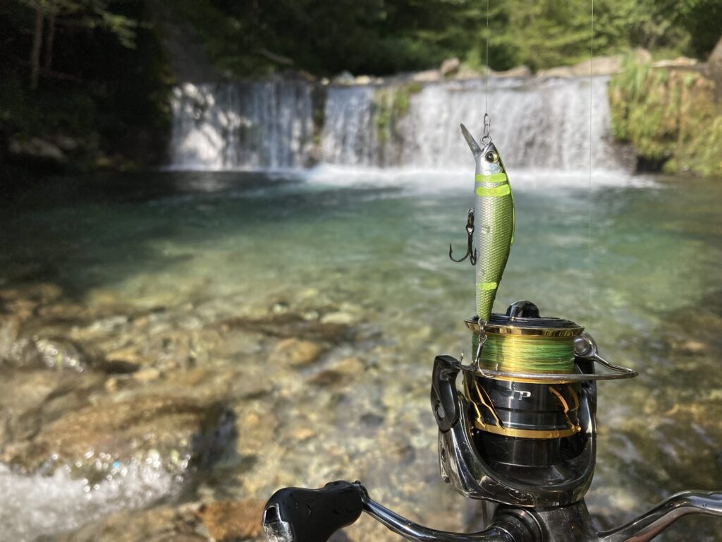 郡上市吉田川の枝沢の地図に載っていない堰堤で、ダイワシルバークリークミノー61sでアマゴをヒット。