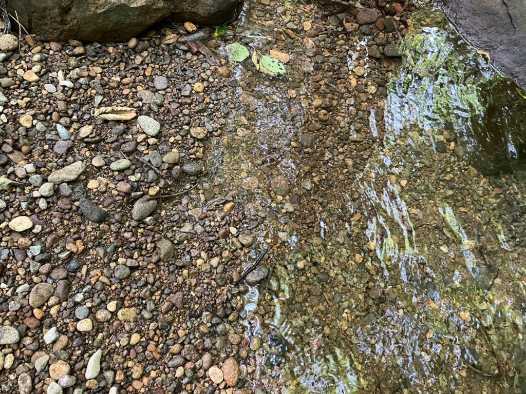 川の流れと岩が見える小さな支流の岸辺にある石ころの集合。水面がひかり、静かに流れる様子が表現されている。