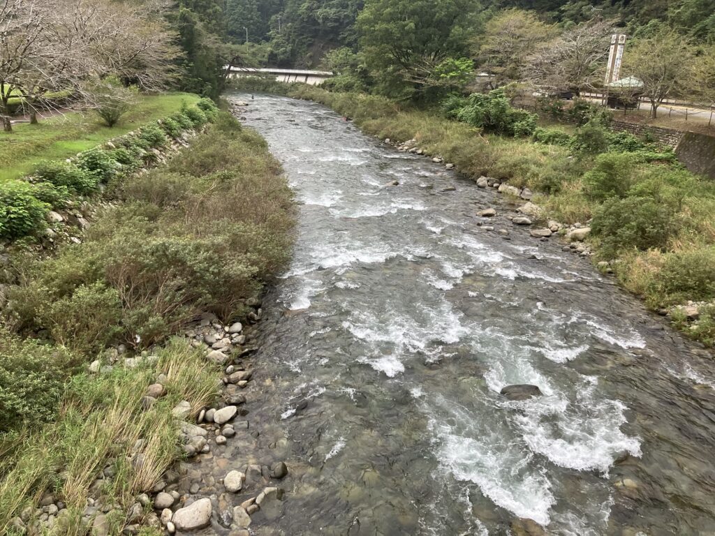 静かな渓流の風景、両岸には緑が広がり、水が流れる様子が描かれている。